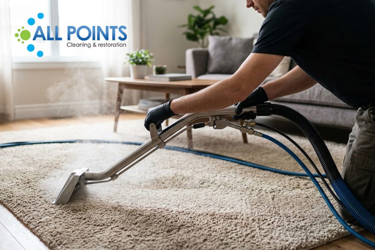 Worker steam cleaning a living room carpet.