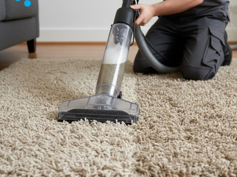 Person vacuuming a carpet.