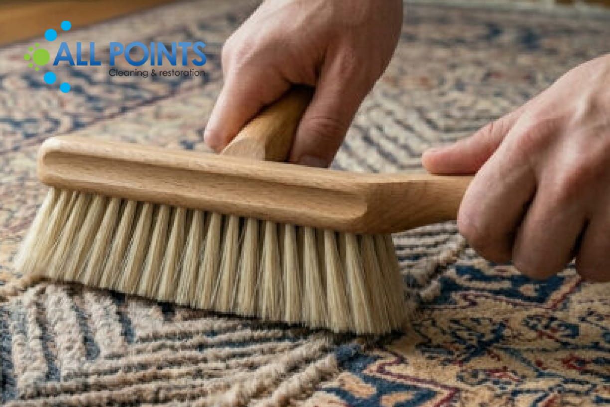 Hand scrubbing an ornate rug with brush.