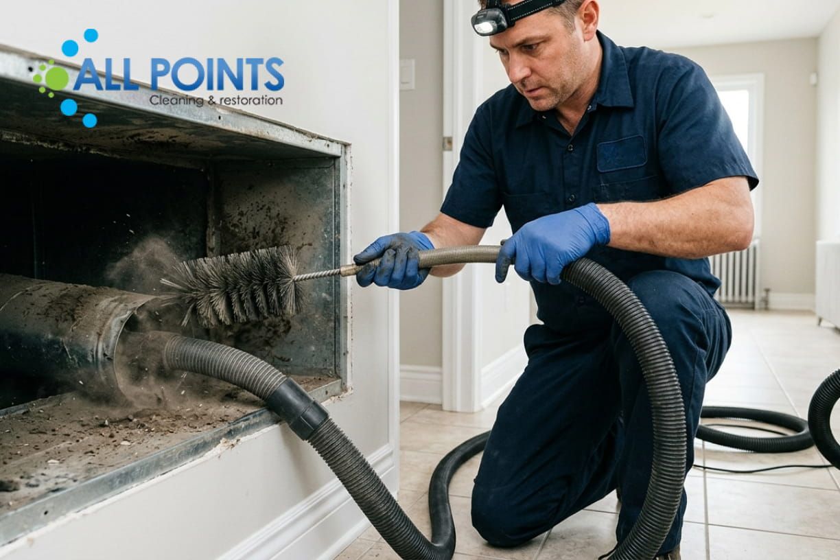 Worker cleaning air duct with brush and vacuum.