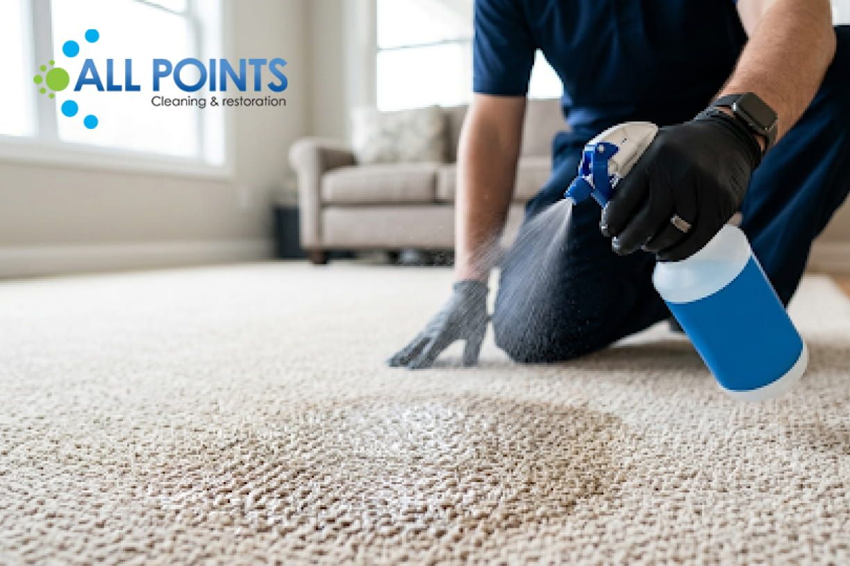 Worker steam cleaning carpet and preparing solution.