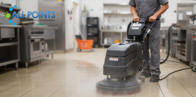 A professional technician using a rotary tile cleaning tool on a tiled floor