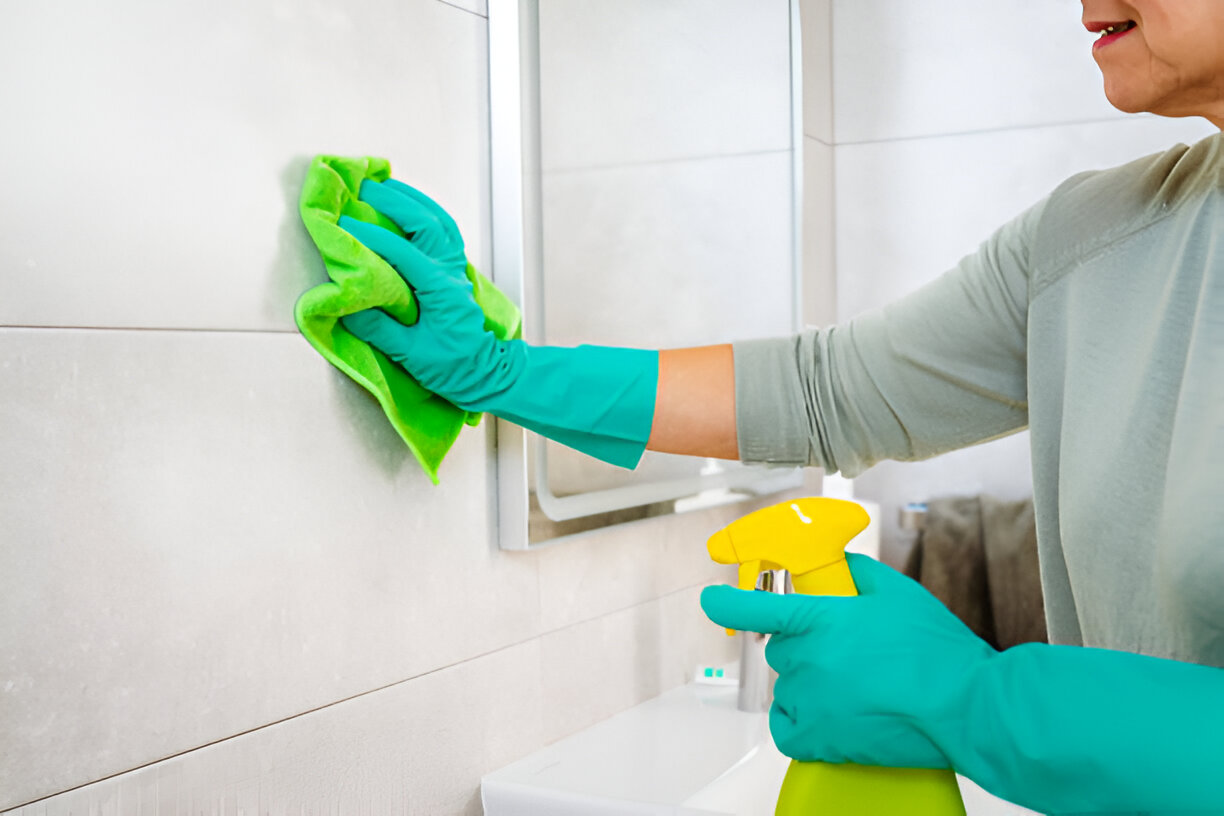Close up of woman's hands cleaning bathroom tiles with a microfiber cloth and spray cleaner