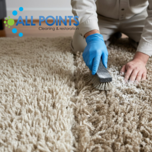 Gloved technician brushing carpet during cleaning
