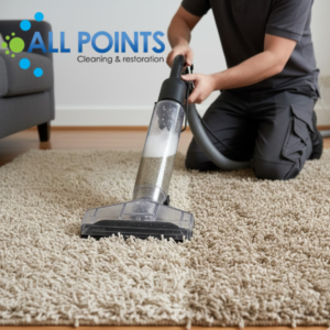 A professional floor fan placed on a damp carpet to improve horizontal airflow